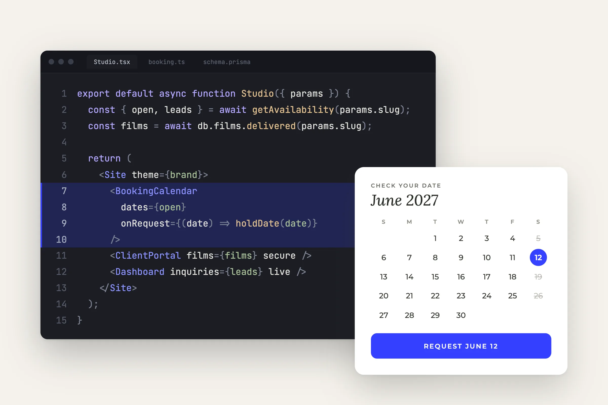 Site code beside a booking calendar