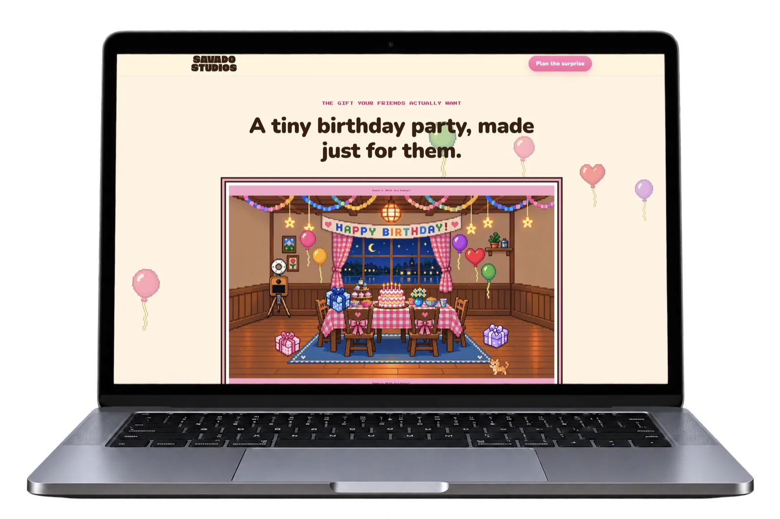 Savado Studios birthday party page on a laptop