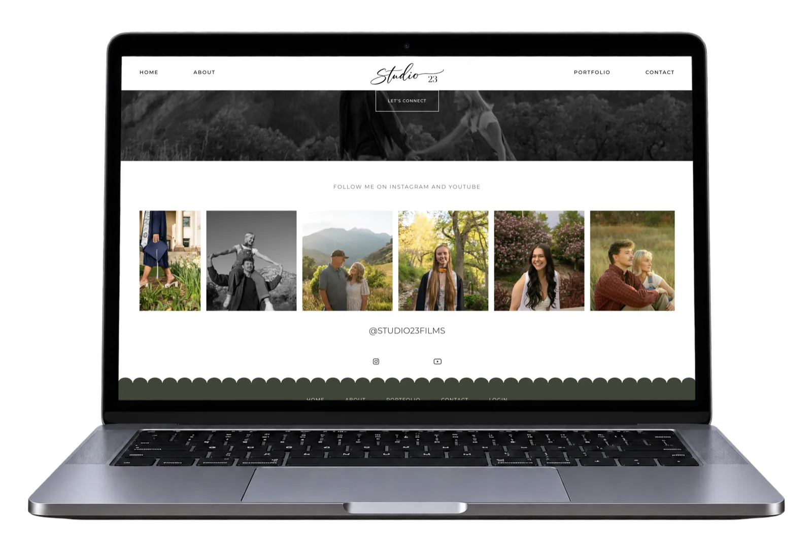 Studio 23 Instagram feed and footer on a laptop