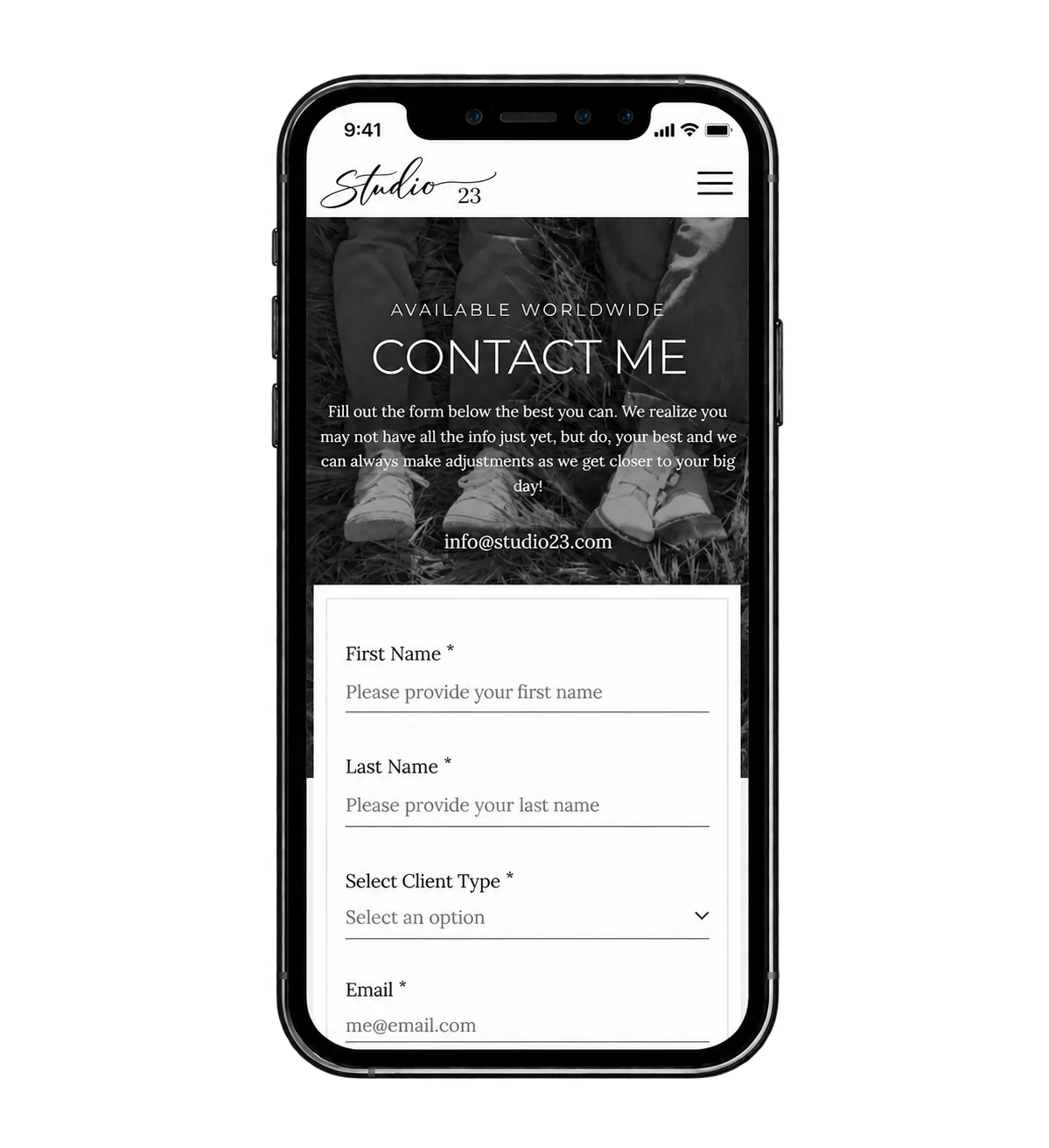 Studio 23 contact page on a phone